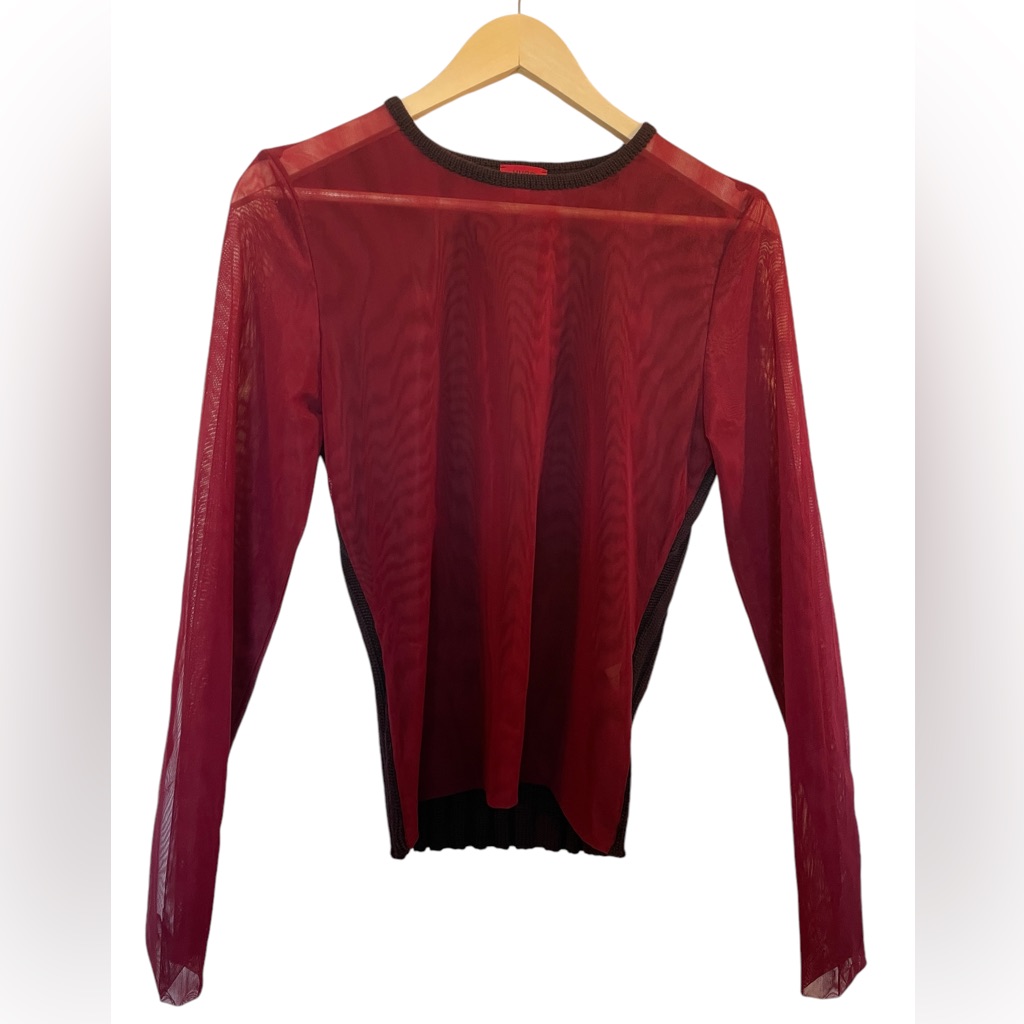 Hugo Hugo Boss Sheer Mesh-Front Red/Burgundy Long Sleeve Sweater Top - Sz Large